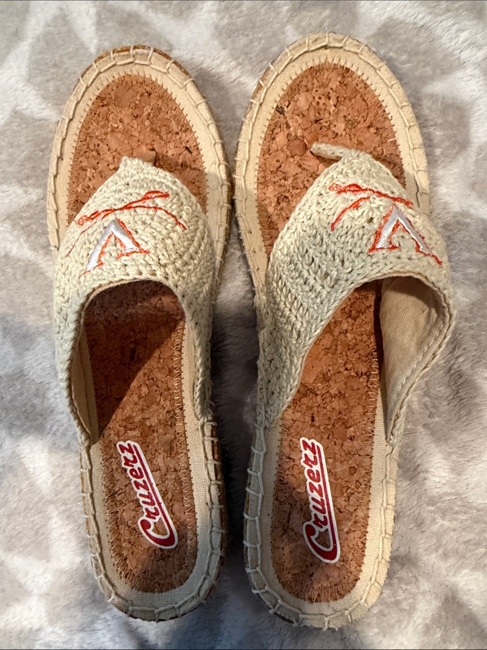 Cream Crochet Cork Slide Mules with Orange Stitch Detail